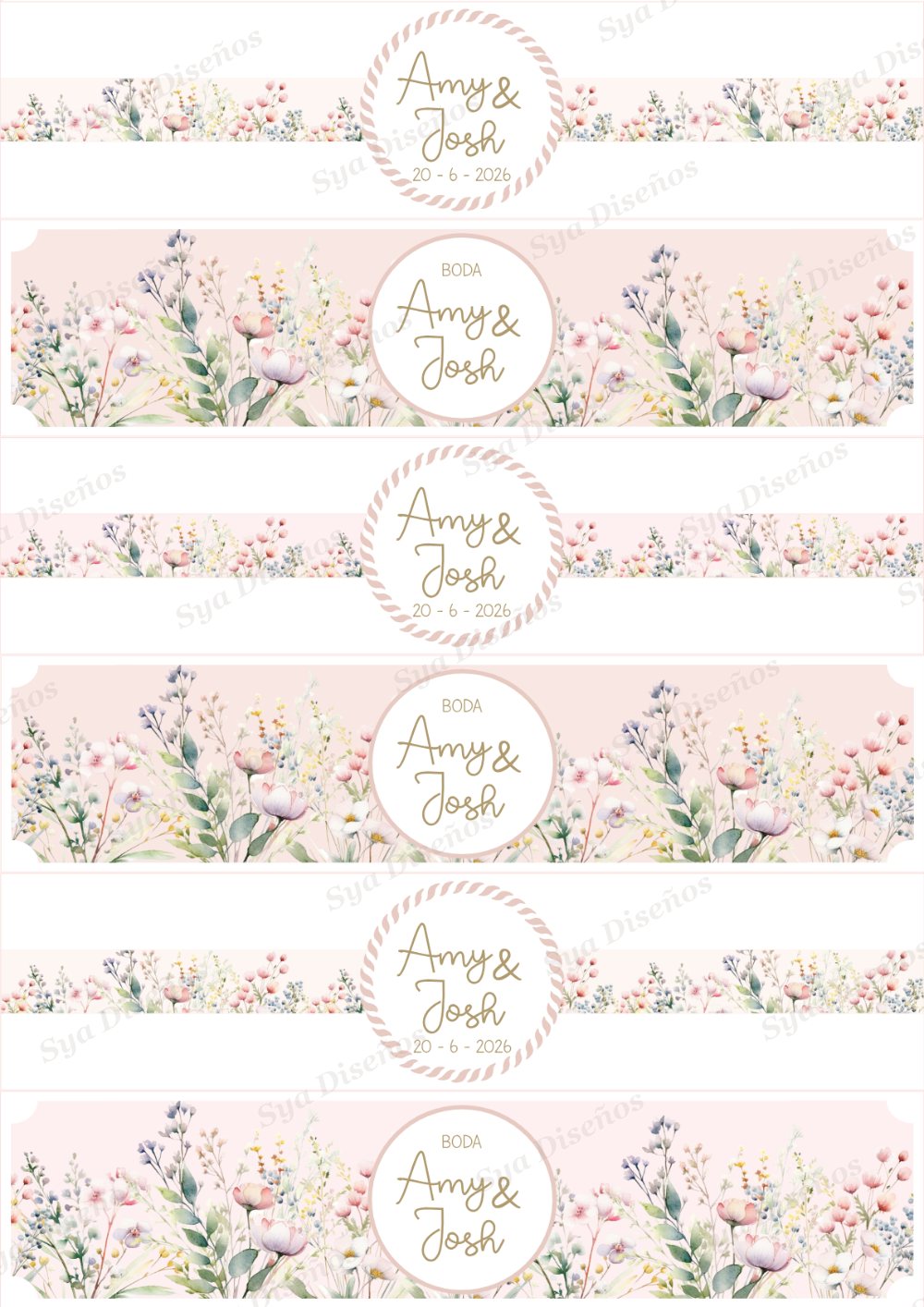 Etiquetas personalizadas para botellas de agua de boda con flores silvestres