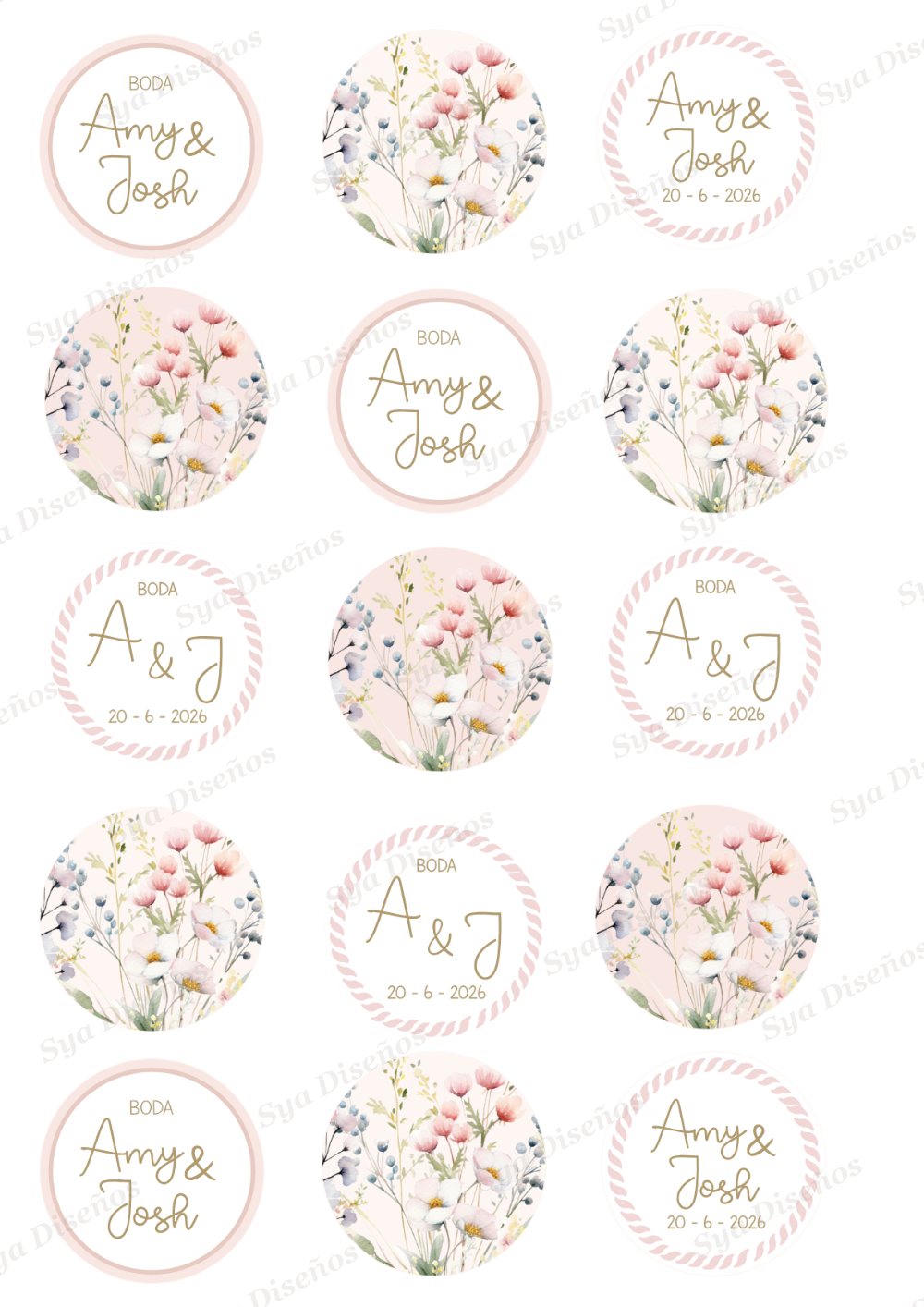 Toppers y pegatinas redondas personalizadas para boda floral