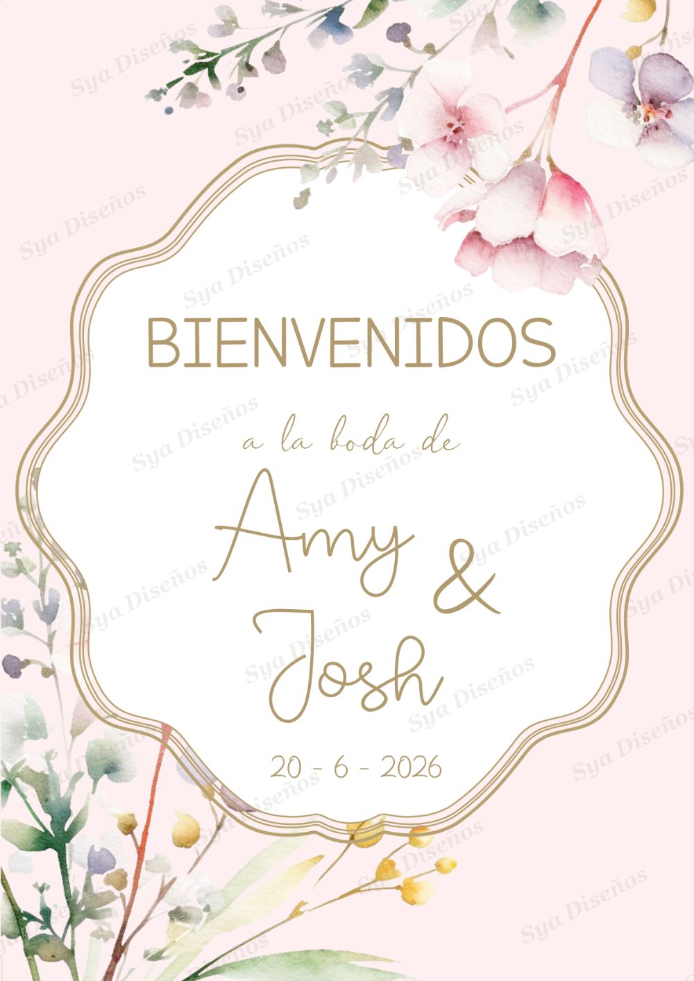 Cartel de bienvenida personalizado para la boda de Amy y Josh, con acuarela floral y caligrafía dorada