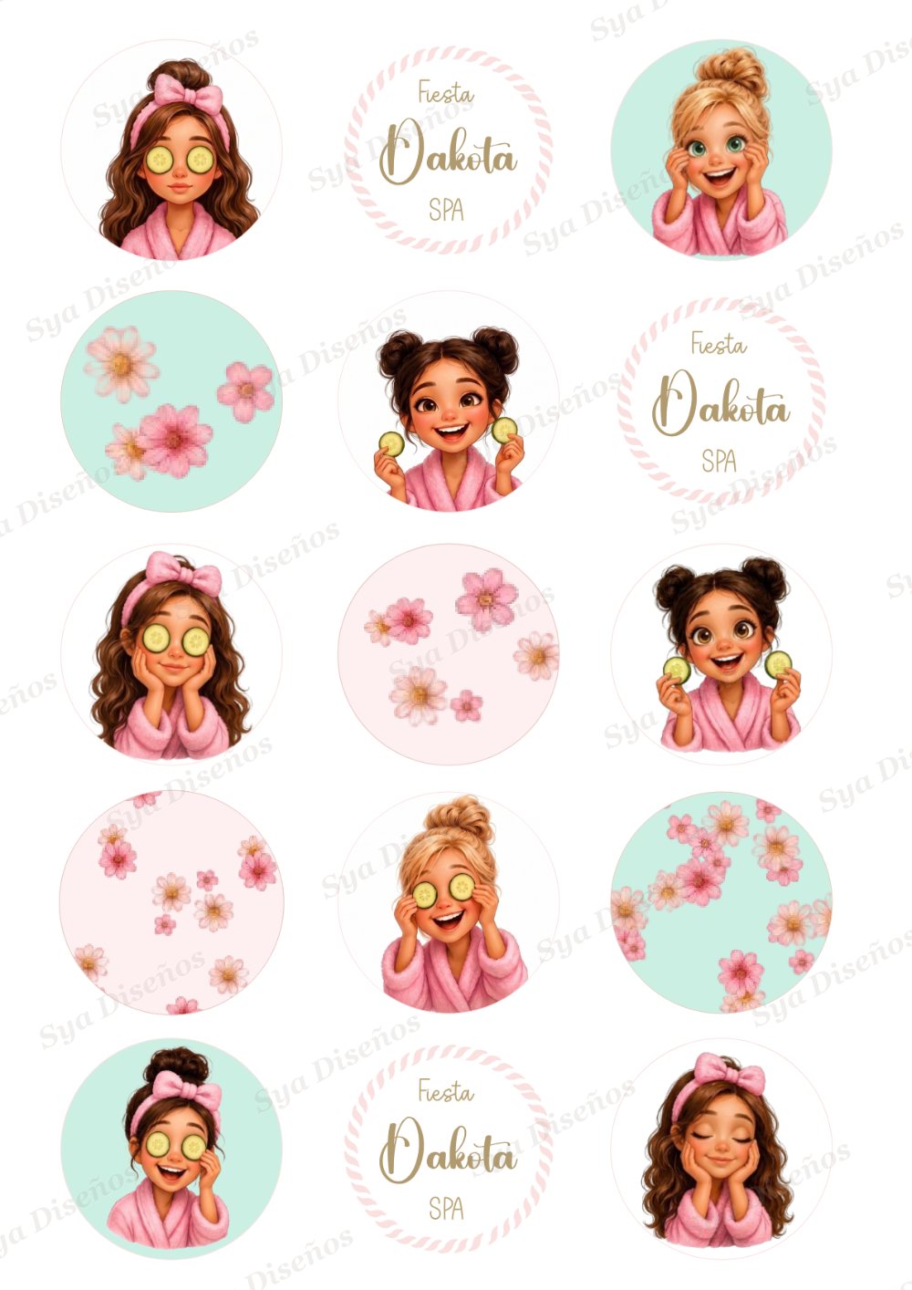 Toppers y pegatinas redondas personalizadas para una fiesta SPA infantil