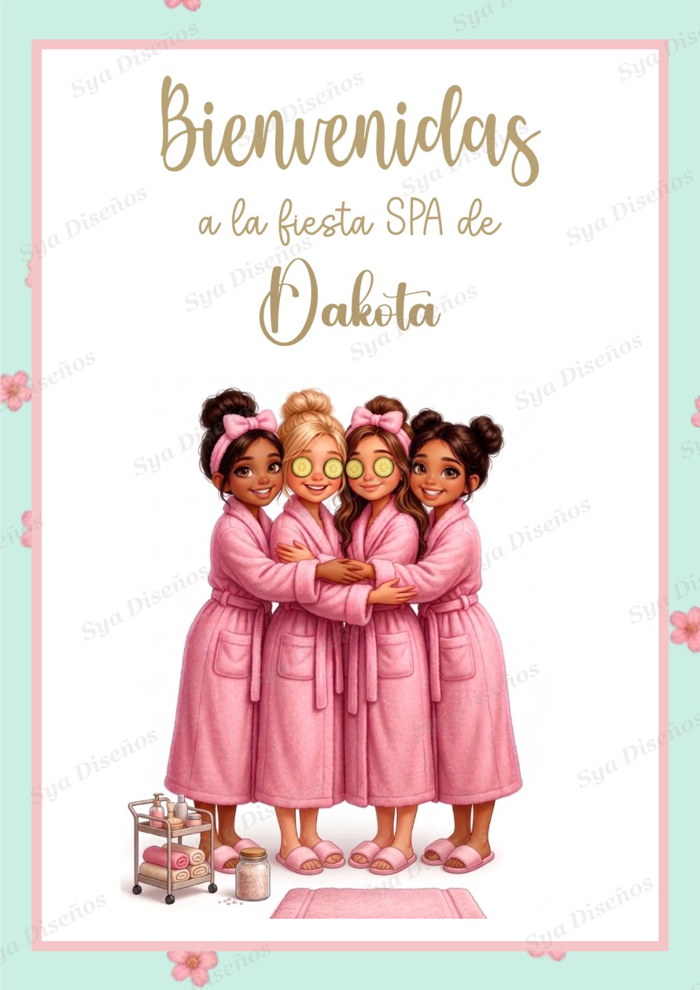 Cartel de bienvenida para una fiesta SPA infantil personalizada con el nombre Dakota